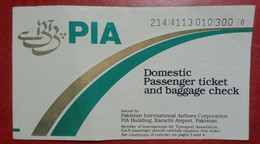 1988 PIA PAKISTAN INTERNATIONAL AIRLINES DOMESTIC PASSENGER TICKET AND BAGGAGE CHECK - Tickets