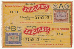 FRANCE - Loterie Nationale - 2 Billets A + B - Banque Sauclières - 22eme Tranche 1942 - Lottery Tickets