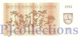 LITHUANIA 1 TALONAS 1992 PICK 39 UNC - Lithuania