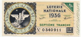 FRANCE - Loterie Nationale - Billet Entier - 7eme Tranche 1936 (Illustration Signes Du Zodiaque) - Billets De Loterie