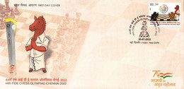 INDIA 2022,   FDC, 44th FIDE CHESS OLYMPIAD, Chennai (India)  FDC, First Day Cover, New Delhi Cancellation - FDC