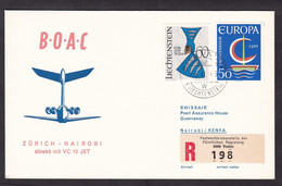 Liechtenstein: Registered FFC First Flight Cover, 1966, 2 Stamps, BOAC Zurich-Nairobi Kenya, Aviation (traces Of Use) - Covers & Documents