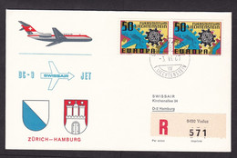 Liechtenstein: Registered FFC First Flight Cover, 1967, 2 Stamps, Swissair DC-9 Zurich-Hamburg, Aviation (traces Of Use) - Storia Postale
