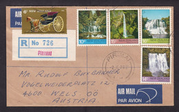 New Zealand: Registered Airmail Cover To Austria, 1976, 5 Stamps, Waterfall, Rare R-label Pirimai (traces Of Use) - Cartas & Documentos
