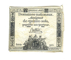 Assignat 15 Sols Série 922 - Assignats & Mandats Territoriaux