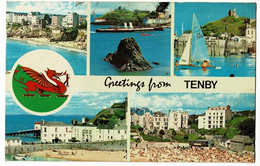 Greetings From Tenby - Multivues, 5 Vues Et Dessin De Monstre - Circulé 1977, Et Timbre Décollé - Pembrokeshire