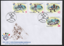 Taïwan (Formose) Y 2616, 2617, 2618, 2619, M 2705,2706, 2707, 2708, **, Enveloppe FDC, 30 10 2001,baseball, Base-ball, - Covers & Documents