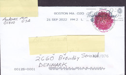 United States Slogan Flamme 'Thinking Of You' BOSTON 2022 Cover Lettre BRØNDBY STRAND Denmark Round Flower Stamp - Covers & Documents