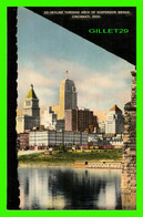 CINCINNATI, OH - SKYLINE THROUGH ARCH OF SUSPENSION BRIDGE - TRAVEL IN 1949 -  KRAEMER ART - - Cincinnati