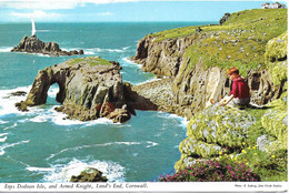 ENYS DODNAN ISLE, AND ARMED KNIGHT, LANDS END, CORNWALL, ENGLAND. Circa 1966  USED POSTCARD   Tw7 - Land's End