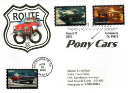 PONY CARS / ROUTE 66. Lettre Sacramento 2022 (Ford Mustang,Chevrolet Camaro,Mercury Cougar),adressée Andorra - Briefe U. Dokumente