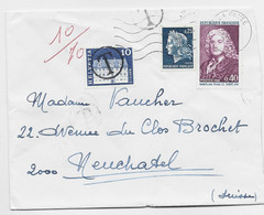 FRANCE  CHEFFER 25C+ 40C  LE SAGE LETTRE COVER  LA CLUSE AIN 1969 POUR NEUCHATEL SUISSE TAXE 10C BLEU - 1967-1970 Maríanne De Cheffer