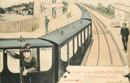 (XX) Carte Montage Gare Train Locomotive Voyageuse Voyageur. J'arrive Ou Je Pars De La FERTE-SOUS-JOUARRE 77 Vers 1909 - La Ferte Sous Jouarre
