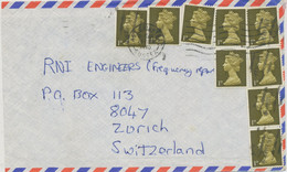 GB 1970 Queen Elizabeth II Machin 1d Olive (9 X = 9d = Correct Foreign Postage Rate) Extremely Rare Multiple Postage - Brieven En Documenten