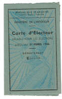 1946 - Carte D'électeur - Mortain (Manche) -Mr Fremin Instituteur - Historische Dokumente
