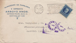 Cuba ARROYO HERMANOS Slogan Flamme SANTIAGO DE CUBA 1926 Cover Letra HAMBURG Germany - Cartas & Documentos