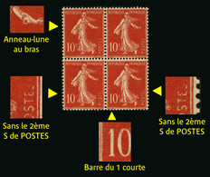 FRANCE - YT 135 ** Type IIA - SEMEUSE 10c - VARIETES DANS BLOC DE 4 TIMBRES NEUFS ** - Ongebruikt