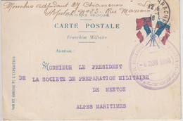 Carte Postale En Franchise Militaire, Faisceau 4 Drapeaux, Cachets Hôpital Auxiliaire Lyon Perrache Et Postal 5.1.16 - Guerra De 1914-18