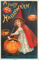 258477-Halloween, IAP No 978-6, Ellen Clapsaddle, Young Girl Witch With Jack O Lanterns - Halloween
