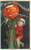 258497-Halloween, IAP No 978-5, Ellen Clapsaddle, Boy With Jack O Lantern Smoking Pipe - Halloween
