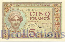 MADAGASCAR 5 FRANCS 1937 PICK 35 AU+ W/HOLES - Madagascar