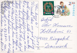 Norway PPC God Jul Snow Landscape ASKIM 1987 RINGSTED Denmark Christmas Tuberculosis Seal Vignette (2 Scans) - Lettres & Documents