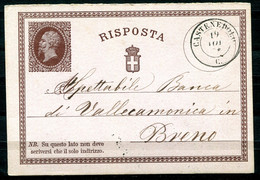 Z3442 ITALIA REGNO 1876 Cartolina Postale 15 C. RISPOSTA (N° 2 D'ITALIA) Da CASTENEDOLO (BS) 19 NOV 76 Per Breno (BS), O - Entiers Postaux