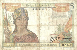 INDOCHINE FRANCAISE 5 PIASTRES YELLOWISH WOMAN  FRONT  WOMAN TEMPLE BACK ND(1936-39) SIGN.11 P55c F READ DESCRIPTION - Andere - Azië