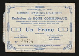 BB (1914/1917) BONS COMMUNAUX : Avesnes  Les Aubert (Dpt. 59) Rare Bon De 1F. De 1915 - Bonds & Basic Needs
