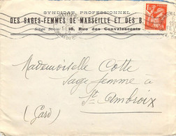 Enveloppe Complète à En-tête Du Syndicat Des Sages-Femmes De Marseille Et Des B.d.R Affr. 1.50 Iris Orange Fev. 1942 - 1900 – 1949