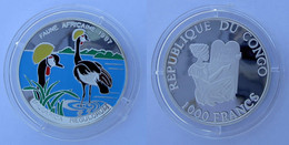 CONGO 1000 F 1997 ARGENTO PROOF 999 SILVER FAUNA AFRICANA BALEARICA UCCELLI BIRD WILDLIFE COLOURED PESO 15g TITOLO 0,999 - Congo (Repubblica Democratica 1998)