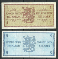 FINLAND FINNLAND 1963 - 1 & 5 Markkaa Bank Notes Banknoten - Finnland