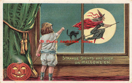 344645-Halloween, Anglo-American No 876/5, Child Waving At Witch & Black Cat On Broom - Halloween