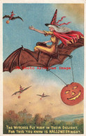 344647-Halloween, Anglo-American No 876/2, Witches Riding Bats Carrying JOLs - Halloween