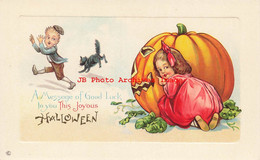 344709-Halloween, Stecher No 339 F, Girl Behind Large JOL Scaring Boy & Black Cat - Halloween