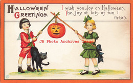 344721-Halloween, Stecher No 63 E, Boy & Girl With Jack O Lantern On Sticks, Black Cat - Halloween