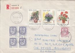 64876- COAT OF ARMS, FUCHSIA, SAINT PAULI VIOLET, GERANIUM FLOWERS, STAMPS ON REGISTERED COVER, 1982, FINLAND - Briefe U. Dokumente