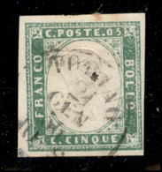 Antichi Stati Italiani - Sardegna - 1855 - 5 Cent Verde Giallo (13c) - Torino 21.1.56 - Cert. Cardillo - Autres & Non Classés