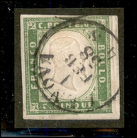 Antichi Stati Italiani - Sardegna - 1858 - 5 Cent Verde Giallo Chiaro (13Af) - Genova 1.2.58 - Autres & Non Classés