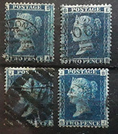 GB VICTORIA 1858 - 1864, Yvert No 27, 2 Pence Bleu, 4 Timbres Avec Planche Plate 9 X2 Nuances, 12, 13 Obl TB Cote 160 E - Used Stamps