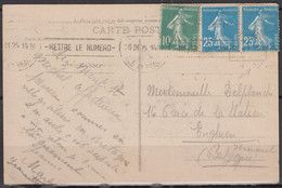Semeuse  25c Bleu  Y.T.140 X 2 + 10c Vert Y.T.159  Sur  CPA  Du MONT-St-MICHEL  Le 26 IX 25 Pour ENGHIEN Belgique - 1906-38 Sower - Cameo