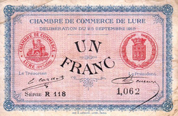 BON - BILLET - MONNAIE - 1 FRANC CHAMBRE DE COMMERCE 1915 DE LURE HAUTE SAÔNE 70000  -  N° 1062 SÉRIE R 118 - Chambre De Commerce