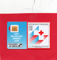 Télécarte  Philatélique 1° Jour. ( Timbre De La Croix Rouge De 1988 ) ( 50 UNITES ) - Timbres & Monnaies