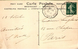Cachet Convoyeur "Sidi-Bel-Abbes A Ste Barbe Du Tletat 1913" Semeuse Frappe Superbe Indice=10 Cp Tlemcen - Autres