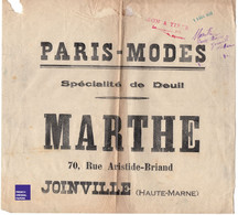 Grand Format - Joinville / Marthe Paris Mode - Commerce Deuil Epreuve Imprimerie Baumoise 1939 Haute-Marne E2-5 - Advertising