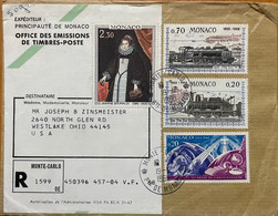 MONACO 1968, USED REGISTERED COVER TO USA STEAM LOCOMOTIVE,PRINCES JEANNE GRIMALDI CHRISTMAS - Lettres & Documents