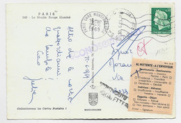 FRANCE CHEFFER 30C VERT SEUL CARTE MEC PARIS GARE MONTPARNASSE 23.6.1969 POUR ITALIE ETIQUETTE RETOUR ENVOYEUR - 1967-1970 Marianna Di Cheffer