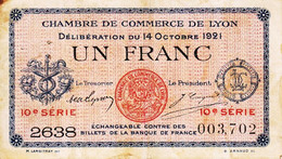 BON - BILLET - MONNAIE - 1 FRANC CHAMBRE DE COMMERCE 1921 DE LYON RHÔNE 69000  -  N° 003702 SÉRIE 10e SÉRIE 2638 - Chambre De Commerce