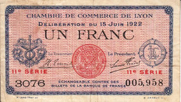 BON - BILLET - MONNAIE - 1 FRANC CHAMBRE DE COMMERCE 1922 DE LYON RHÔNE 69000  -  N° 005958 SÉRIE 11e SÉRIE 3076 - Chambre De Commerce