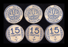 España Billete Local Set 3 Billetes Manresa Barcelona 15 Céntimos 1937 Series A B C MBC VF - Sonstige & Ohne Zuordnung